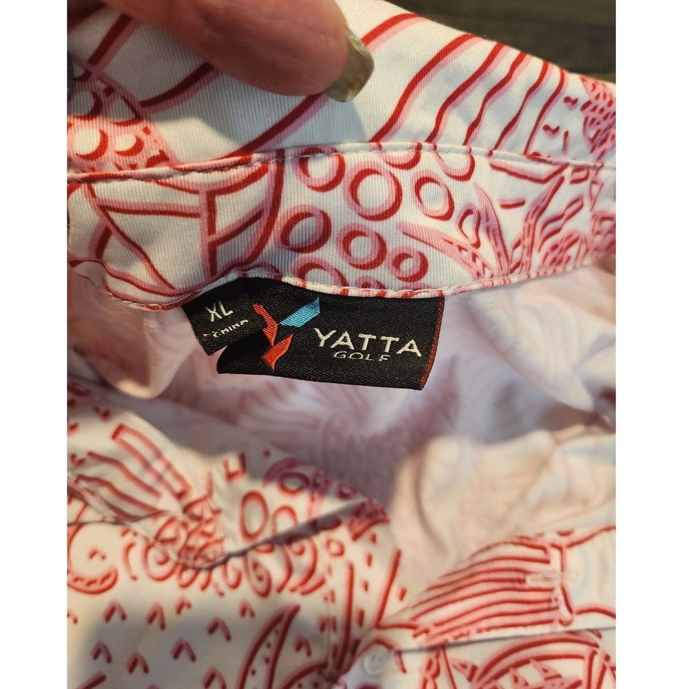 Yatta Golf Polo Men's Shaka Life Hawaiian‎ Aloha Sun Pink Red Stretch Polo XL - Picture 7 of 8
